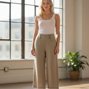 Divided By H & M 100% Linen Sailor Style Wide Leg Women’s Trouser Pant Tan Sz 8